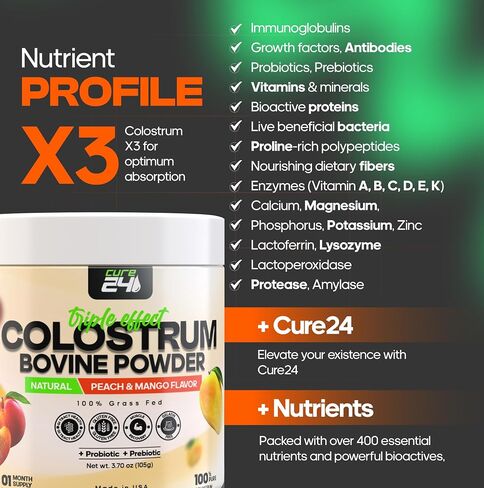 Bovine Colostrum X3 Supplement Powder for Humans, 100% Pure Whole Natural Grass Fed Superfood, High IgG, Plus Probiotic & Prebiotic, Unflavored, Made in USA (Peach Mango) in Saudi Arabia