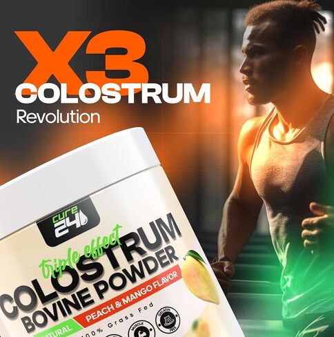 Bovine Colostrum X3 Supplement Powder for Humans, 100% Pure Whole Natural Grass Fed Superfood, High IgG, Plus Probiotic & Prebiotic, Unflavored, Made in USA (Peach Mango) in Saudi Arabia