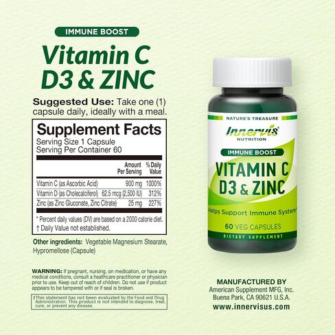 Immune Boost Complex – Vitamin C 900mg, D3 2,500 IU & Zinc 25mg for Immune System Support, 60 Veggie Caps | Innervis Nutrition in Saudi Arabia