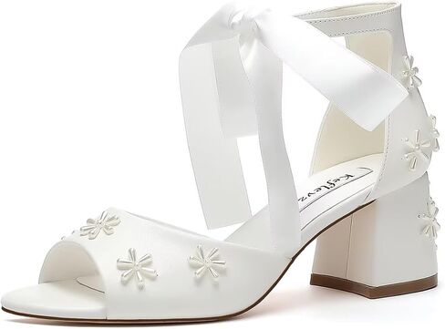 Pearl Wedding Shoes for Bride Open Toe Bridal Shoes Block Heel Wedding Sandals Ankle Strap Wedding Heels in Kuwait