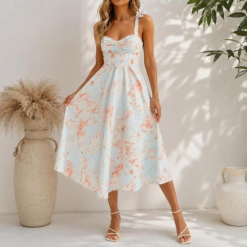 Women's Floral Midi Dress Tie Shoulder Ruched Bust Flowy A-Line Summer Party Wedding Guest Dress in Kuwait