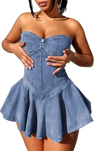 Women's Strapless Summer A-Line Denim Mini Dress Plated Bustier Corset Outfit Casual Lightweight Fashion in Kuwait