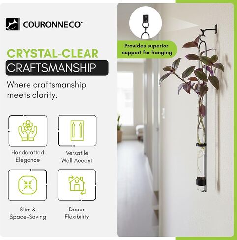 COURONNE CO. Florence Hanging Pendant Tube Vase with Wall Hook, Clear Glass Flower Holder, Wall Plant Hanger for House Decor, 16'' H, Pack of 2 in Saudi Arabia