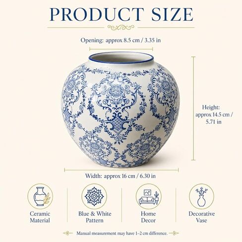 Vintage Chinoiserie Vase,5.7Inch Ceramic Farmhouse Flower Pot,Ice Cracked Hand-Painted Blue and White Vases for Living Room Decor,Console Table Mantle,Chinoiserie Decor (Blue White-1) in Saudi Arabia