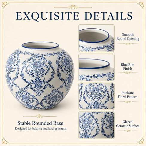 Vintage Chinoiserie Vase,5.7Inch Ceramic Farmhouse Flower Pot,Ice Cracked Hand-Painted Blue and White Vases for Living Room Decor,Console Table Mantle,Chinoiserie Decor (Blue White-1) in Saudi Arabia