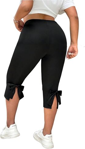 WDIRARA Women's Plus Size Bow Tie Capri Pants Elastic Waist Skinny Pants in Kuwait
