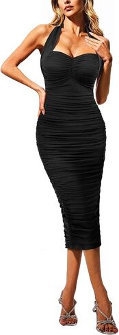 VFSHOW Womens 2025 Halter Off Shoulder Cocktail Ruched Bodycon Midi Dress Sexy Backless Slim Fitted Wedding Guest Dresses in Kuwait