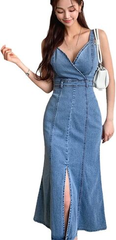 Retro V-Neck Tube Strap Denim Dress Women Summer Sexy Sleeveless Hip Long Party Dress Photo Color M in Saudi Arabia