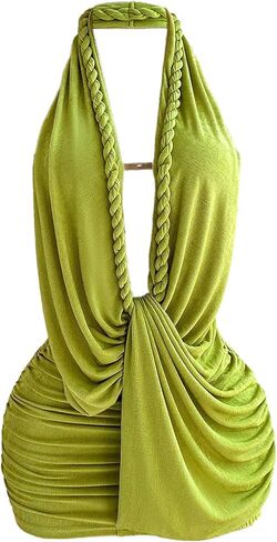 GORGLITTER Women's Boho Halter Mini Dress Ruched Wrap Rope Plunge Neck Backless Sexy Summer Beach Vacation Sundress in Kuwait