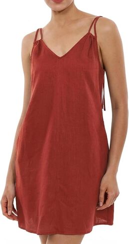 Women's Linen Mini Dress Summer Solid Dresses Sleeveless V Neck Casual Shift Sundress Backless with Pocket in Saudi Arabia