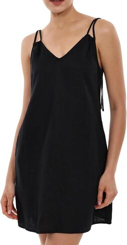 Women's Linen Mini Dress Summer Solid Dresses Sleeveless V Neck Casual Shift Sundress Backless with Pocket in Saudi Arabia