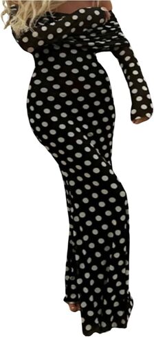 GORGLITTER Women's Polka Dots Off The Shoulder Maxi Dress Fall Long Sleeve Mesh Festival Birthday Going Out Long Dress in Kuwait