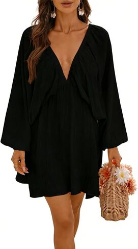OYOANGLE Women's Tie Backless Textured Ruffle Dress Lantern Sleeve Deep V Neck Short Sundress Black Large in Saudi Arabia