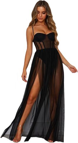 Women's Sheer Mesh Corset Maxi Dress Spaghetti Strap Bodycon Dresses Club Party Long Dresses Side Slit Dress in Saudi Arabia