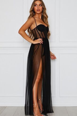 Women's Sheer Mesh Corset Maxi Dress Spaghetti Strap Bodycon Dresses Club Party Long Dresses Side Slit Dress in Saudi Arabia