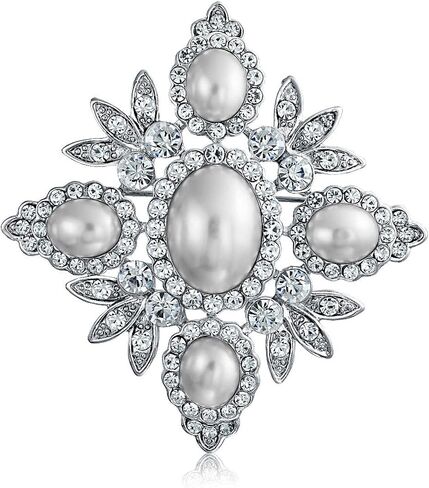Bling Jewelry Bridal Vintage Style Large Statement Fashion Crystal Leaf Flower White Simulated Pearl Wedding Brooch Pin For Women Silver Gold Tone Rhodium Plated Brass in Kuwait