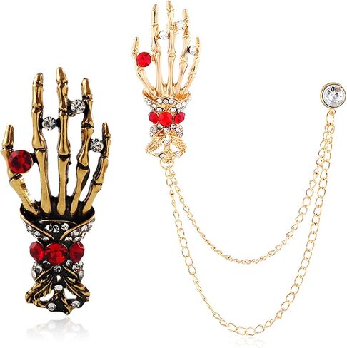 Halloween Skeleton Hand Brooch Pin for Women Men Vintage Gothic Skull Red Crystal Long Chain Lapel Pin Personality Punk Creative Brooch Scary Halloween Party Jewelry Gifts in Kuwait