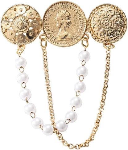 Gold-Toned Round Coin Tassel Chain Brooch Pin for Women Vintage Princess Queen Ball Chains Drop Dangle Brooches Pins Elegant Party Dress Accessories Jewelry Souvenir in Kuwait