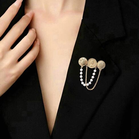 Gold-Toned Round Coin Tassel Chain Brooch Pin for Women Vintage Princess Queen Ball Chains Drop Dangle Brooches Pins Elegant Party Dress Accessories Jewelry Souvenir in Kuwait