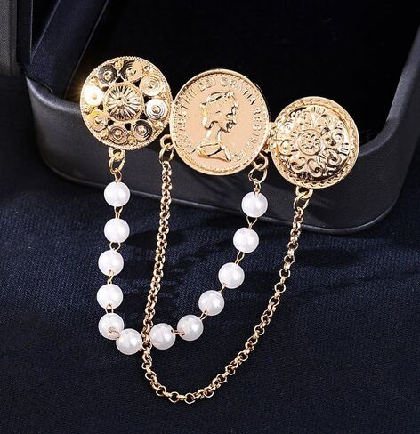 Gold-Toned Round Coin Tassel Chain Brooch Pin for Women Vintage Princess Queen Ball Chains Drop Dangle Brooches Pins Elegant Party Dress Accessories Jewelry Souvenir in Kuwait