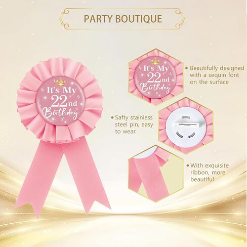 It's My 22nd Birthday Tinplate Badge Pin, Crown Happy 22nd Birthday Button Pin, Twenty Two Birthday Pink Rosette Award Ribbon Pin for Women, Brooch Buttons for 22 Years Old Birthday Party Decoration in Kuwait