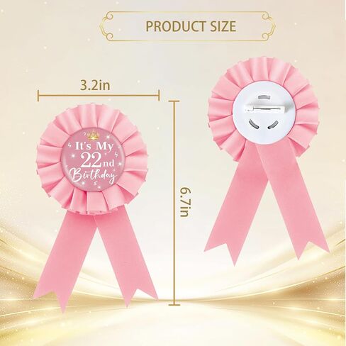 It's My 22nd Birthday Tinplate Badge Pin, Crown Happy 22nd Birthday Button Pin, Twenty Two Birthday Pink Rosette Award Ribbon Pin for Women, Brooch Buttons for 22 Years Old Birthday Party Decoration in Kuwait