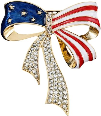 Luxury American Flag Bow Brooch Pin for Women - White House Style Rhinestone Independence Day Collar Lapel Jewelry Alloy Patriotic Ribbon Accessory Gift in Kuwait
