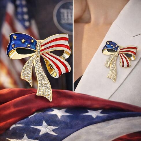 Luxury American Flag Bow Brooch Pin for Women - White House Style Rhinestone Independence Day Collar Lapel Jewelry Alloy Patriotic Ribbon Accessory Gift in Kuwait