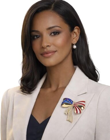 Luxury American Flag Bow Brooch Pin for Women - White House Style Rhinestone Independence Day Collar Lapel Jewelry Alloy Patriotic Ribbon Accessory Gift in Kuwait