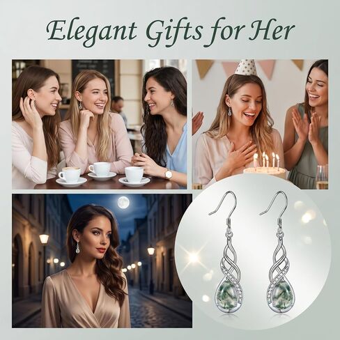 Moss Agate Teardrop Earrings Infinity Twist Dangle for Women Boho Jewelry Birthday Anniversary in Saudi Arabia