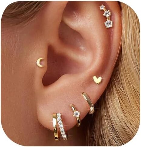 Small Gold Hoop Earrings for Women Dainty Gold Earrings| 14K Gold Plated Hypoallergenic Stud earrings Set| Cartilage Earrings for Multiple Piercing for Women (01-Gold-Moon) in Saudi Arabia