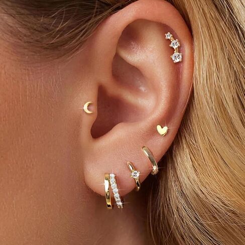 Small Gold Hoop Earrings for Women Dainty Gold Earrings| 14K Gold Plated Hypoallergenic Stud earrings Set| Cartilage Earrings for Multiple Piercing for Women (01-Gold-Moon) in Saudi Arabia
