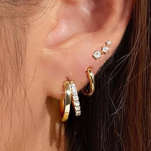 Small Gold Hoop Earrings for Women Dainty Gold Earrings| 14K Gold Plated Hypoallergenic Stud earrings Set| Cartilage Earrings for Multiple Piercing for Women (01-Gold-Moon) in Saudi Arabia