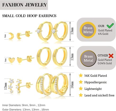 Small Gold Hoop Earrings for Women Dainty Gold Earrings| 14K Gold Plated Hypoallergenic Stud earrings Set| Cartilage Earrings for Multiple Piercing for Women (01-Gold-Moon) in Saudi Arabia