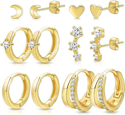 Small Gold Hoop Earrings for Women Dainty Gold Earrings| 14K Gold Plated Hypoallergenic Stud earrings Set| Cartilage Earrings for Multiple Piercing for Women (01-Gold-Moon) in Saudi Arabia