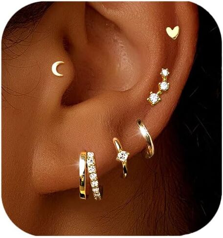 Small Gold Hoop Earrings for Women Dainty Gold Earrings| 14K Gold Plated Hypoallergenic Stud earrings Set| Cartilage Earrings for Multiple Piercing for Women (01-Gold-Moon) in Saudi Arabia