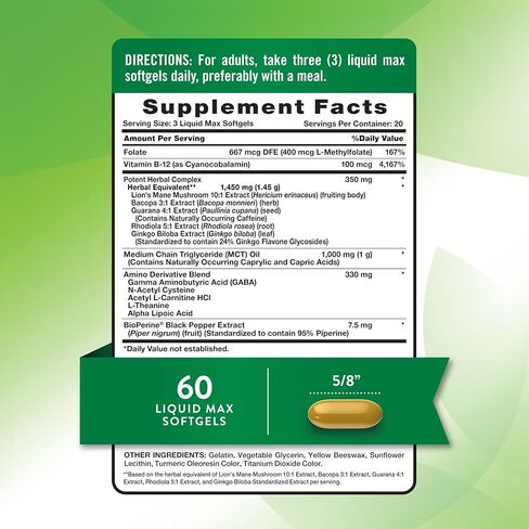 Nature's Truth Brain Up Softgels | 60 Count | with L-Theanine, Bacopa, B-12 & MCT | Non-GMO and Gluten Free Supplement in Saudi Arabia