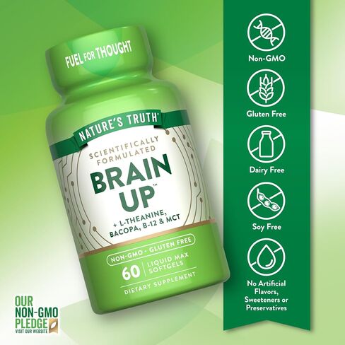 Nature's Truth Brain Up Softgels | 60 Count | with L-Theanine, Bacopa, B-12 & MCT | Non-GMO and Gluten Free Supplement in Saudi Arabia
