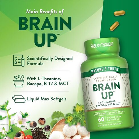 Nature's Truth Brain Up Softgels | 60 Count | with L-Theanine, Bacopa, B-12 & MCT | Non-GMO and Gluten Free Supplement in Saudi Arabia