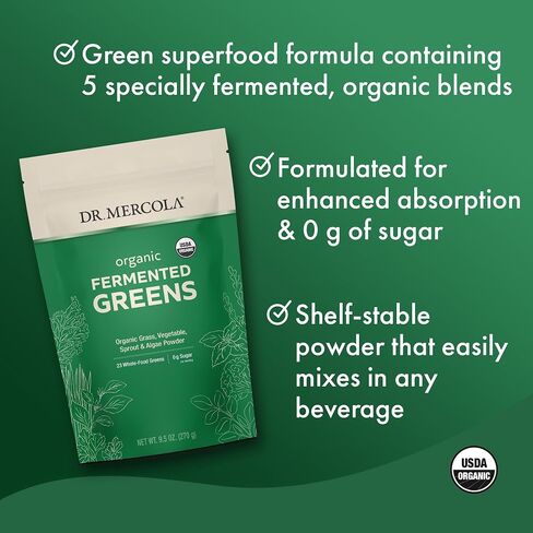 Dr. Mercola Organic Fermented Greens Powder - Supports Digestive & Cellular Health - Certified Organic, Non-GMO & Soy-Free - 9.5 oz (90 Servings) in Kuwait