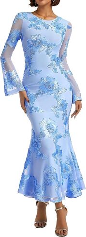 Women's Long Sleeve Embroidered Floral Dress 2026 Spring Fall Formal Wedding Guest Cocktail Party Mesh Maxi Dresses in Saudi Arabia