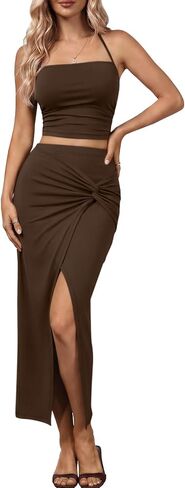 العصرية الملكة المرأة Ruched الرسن المحاصيل الأعلى و Bodycon تنورة طويلة 2 قطعة مجموعة للخروج الصيف عطلة الزي 2026 in Kuwait