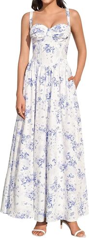 URYIAO Women's Summer Floral Long Maxi Dress Flowy Lace Sundress Smocked Ruched Formal Wedding Guest Dresses with Pockets in Saudi Arabia
