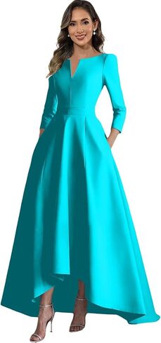 Long Sleeve Mother of The Bride Dresses for Women Satin High-Low Formal Evening Dresses with Pocket in Kuwait