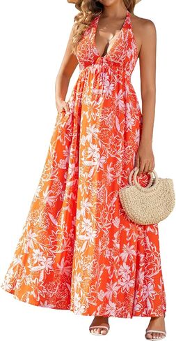 HTZMO Womens V Neck Summer Floral Maxi Sundress Halter Tie A Line Flowy Casual Boho Vacation Long Dresses with Pockets in Saudi Arabia