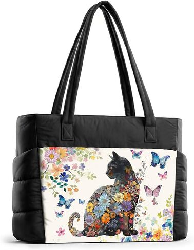 Puffer Tote Bag for Women. Gift for Cat Lovers. Puffy Tote Bag with Zippers for Travel, Work, Gym. Lightweight Cloud Bag. Quilted Shoulder Bag with Compartments. Flower Pattern in Kuwait