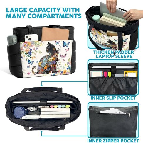Puffer Tote Bag for Women. Gift for Cat Lovers. Puffy Tote Bag with Zippers for Travel, Work, Gym. Lightweight Cloud Bag. Quilted Shoulder Bag with Compartments. Flower Pattern in Kuwait