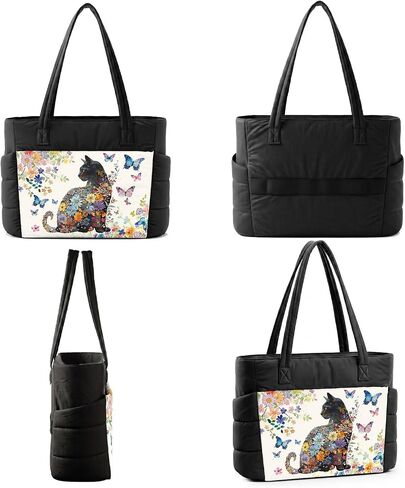 Puffer Tote Bag for Women. Gift for Cat Lovers. Puffy Tote Bag with Zippers for Travel, Work, Gym. Lightweight Cloud Bag. Quilted Shoulder Bag with Compartments. Flower Pattern in Kuwait