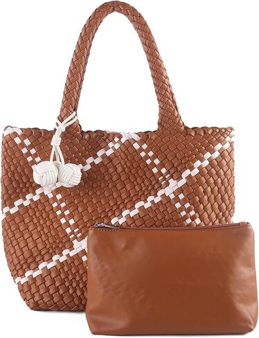 Hand Woven Tote Bag for Women,Faux Leather, Adjustable Crossbody Strap, Casual Beach Travel Handbag with Pouch in Saudi Arabia