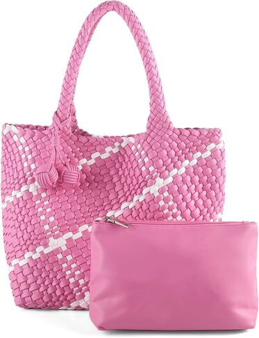 Hand Woven Tote Bag for Women,Faux Leather, Adjustable Crossbody Strap, Casual Beach Travel Handbag with Pouch in Saudi Arabia